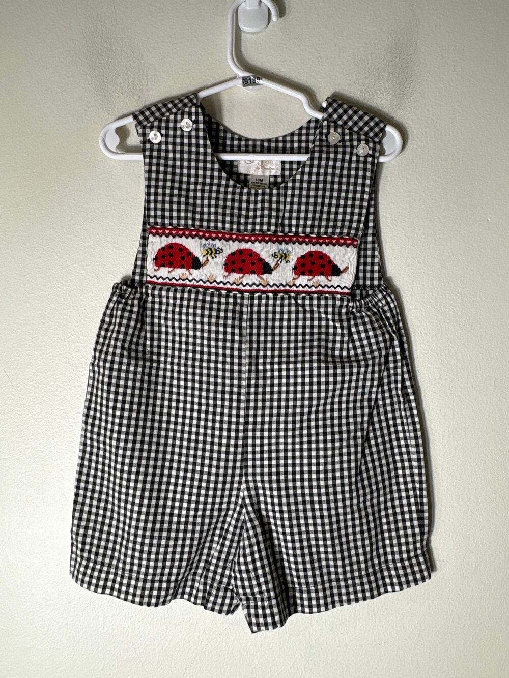 Boys Vintage Sir John Black&White Check smocked ladybug JonJon Sz 18m
